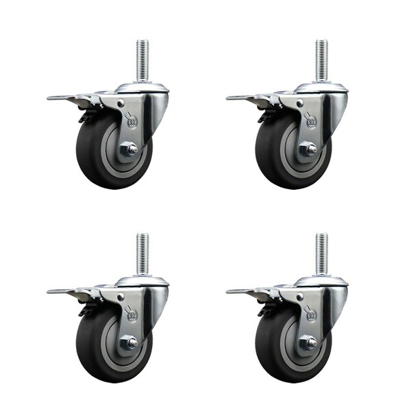 35 Inch Thermoplastic  Rubber Swivel 58 Inch Threaded Stem Caster Set with Total Lock Brake